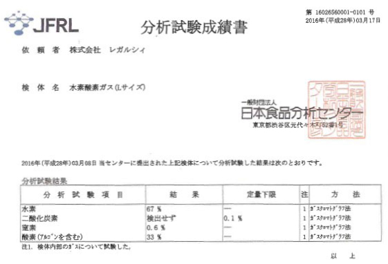 日本食品分析センターで試験済みの証明画像